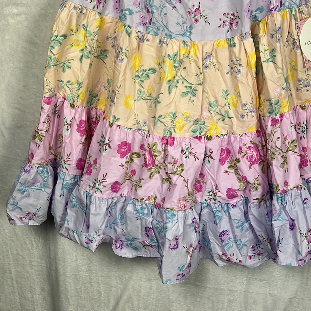 LoveShackFancy Pastel Floral Tiered Mini Dress in Lavender, Pink, Yellow - Picture 6 of 13